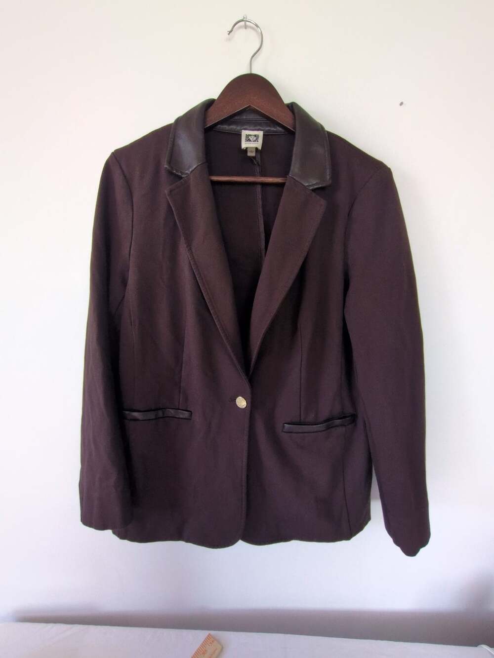 Anne Klein Blazer Size L Brown Faux Leather Trim Jacket